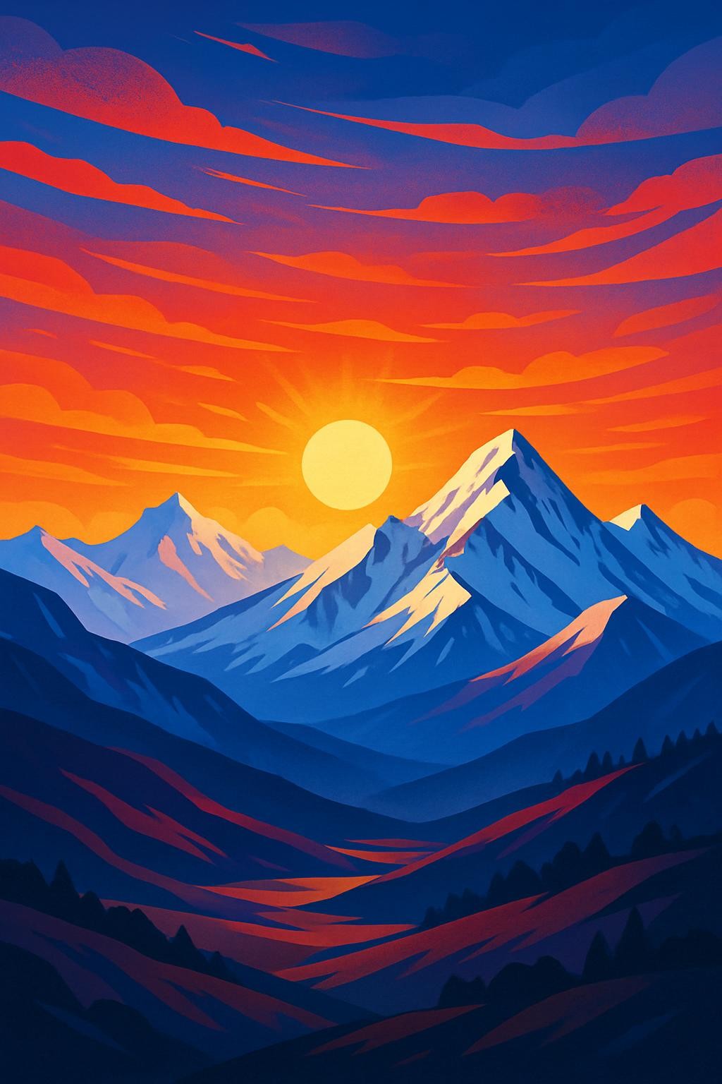 A vivid sunrise over a snow-peaked mountain range with vibrant colors in the sky, in a clean, modern illustration style suitable for a coaching website hero section.
