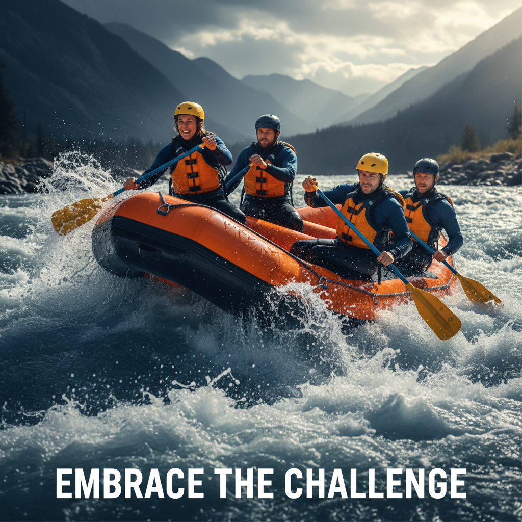 Energetic, cinematic scene of white-water rafting in action on a fast mountain river, with a small group in a raft cutting through rapids, dramatic lighting, high contrast, minimalist background treatment and color grading that matches a bold, motivational coaching brand. Emphasis on movement, resilience, and adventure. Stylish, photo-realistic, suitable for a services section hero image.